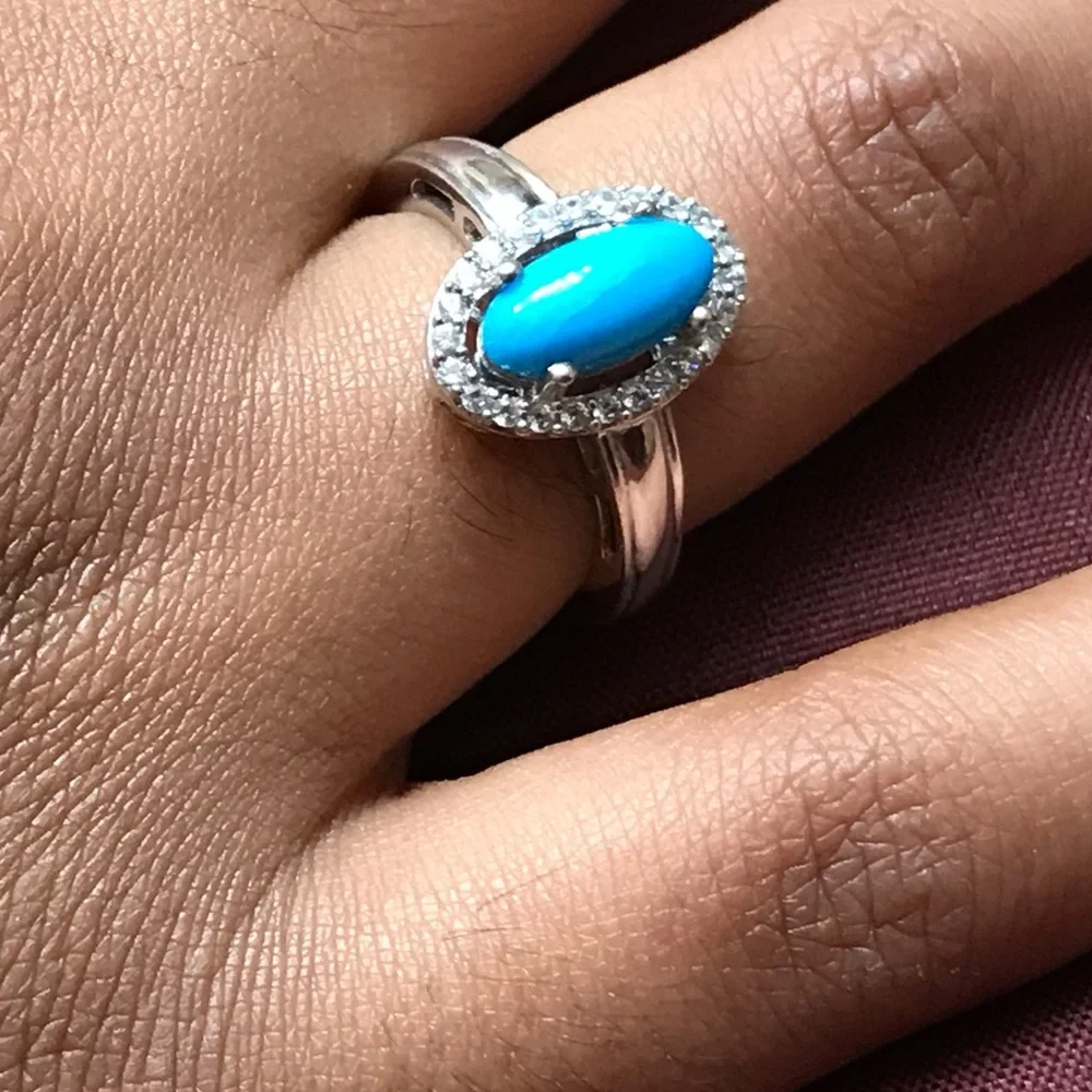 Sterling Silver Oval Turquoise CZ Ring Size 6 - Picture 1 of 14